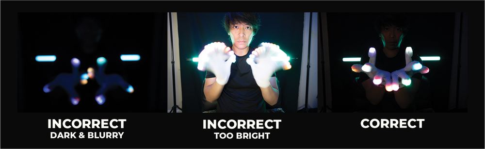 Side-by-side comparison of the same shot dark and blurry, too bright, and correctly exposed